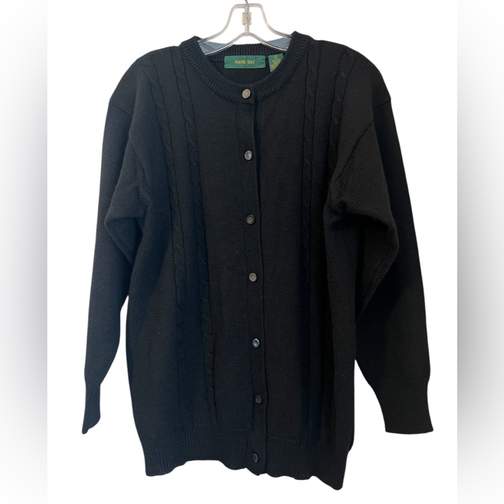 Maine Bay 100% Wool Cardigan Sweater Woman’s L Black Cable Knit Button Vintage
